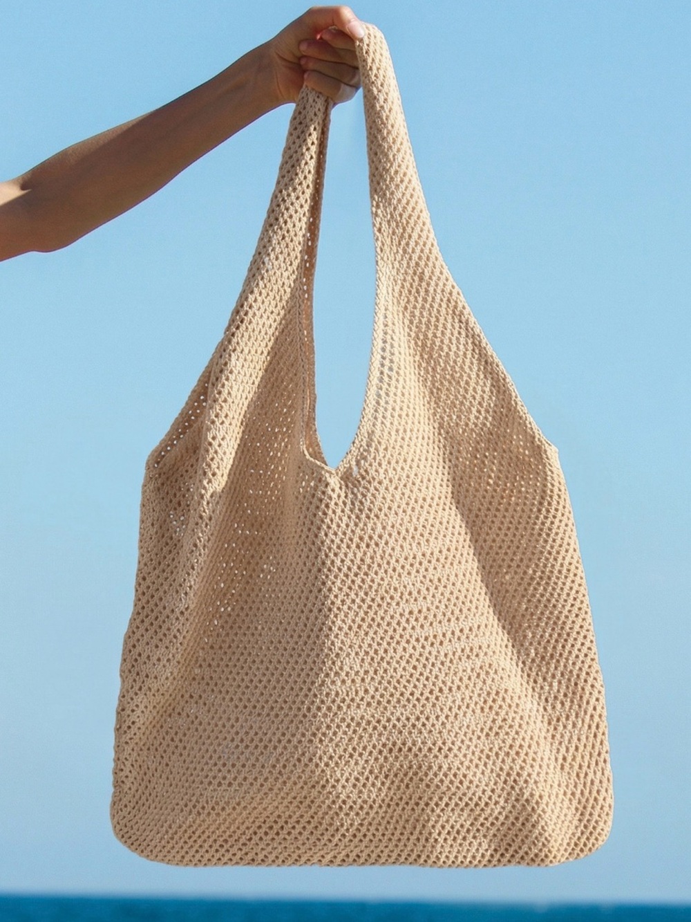 Crochet Tote Bag in Beige - Lightweight Summer Shopper